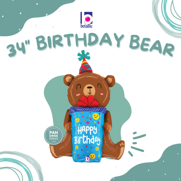34" Birthday Smiley Gift Bear Foil Balloon | Balon Beruang Ulang Tahun
