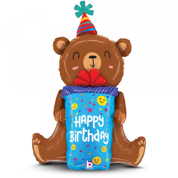 34" Birthday Smiley Gift Bear Foil Balloon | Balon Beruang Ulang Tahun